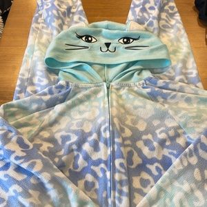 One piece girls zip cat pajamas with hood size 12